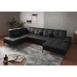 Wohnlandschaft in Vliesstoff Kombination Echtleder/Stoff Schwarz