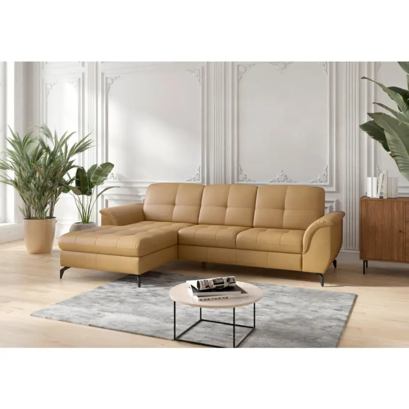 Ecksofa Zora E in Echtleder Currygelb 164/262 cm