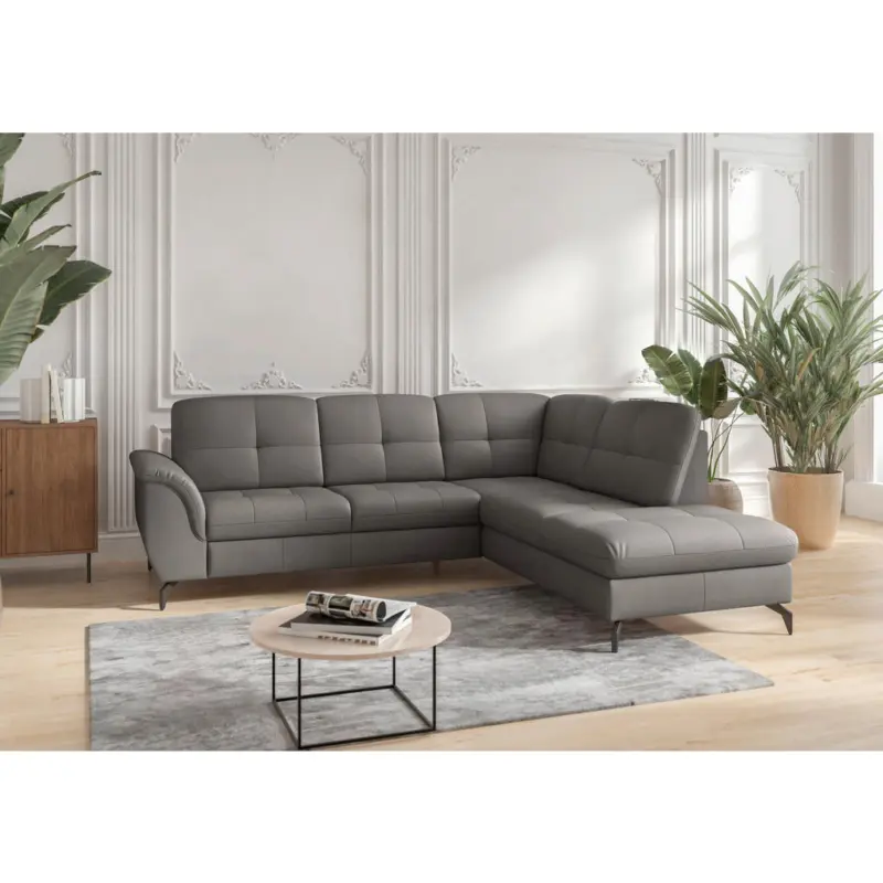 Ecksofa Zora E in Vliesstoff Kombination Echtleder/Stoff Mokka 244/212 cm