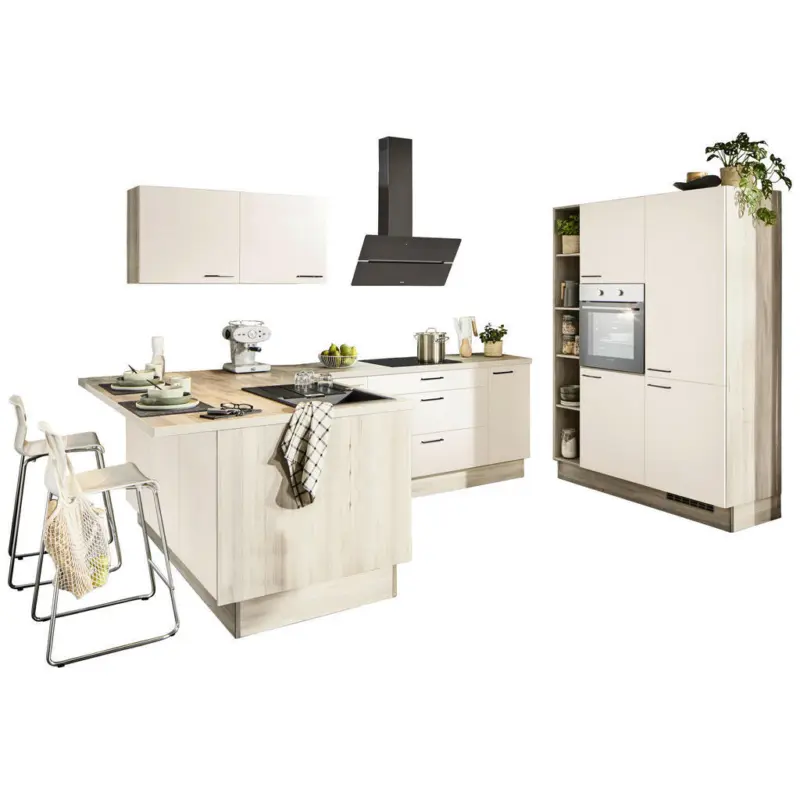 Eckk&uuml;che in Magnolie, Tannenholzfarben