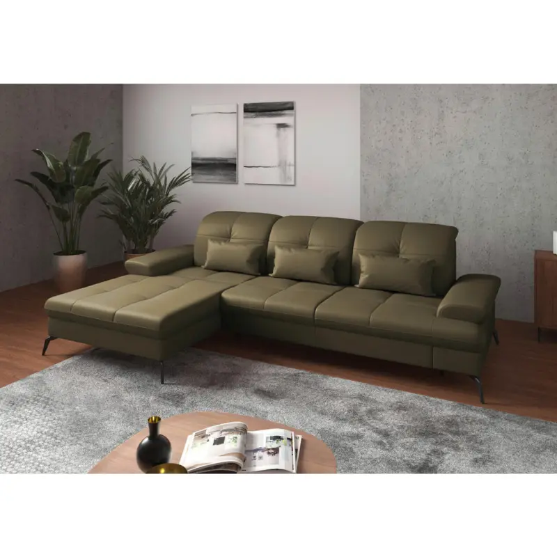 Ecksofa in Echtleder Olivgr&uuml;n 185/279 cm