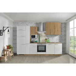 K&uuml;chenblock 310 cm in Wei&szlig;, Eichefarben