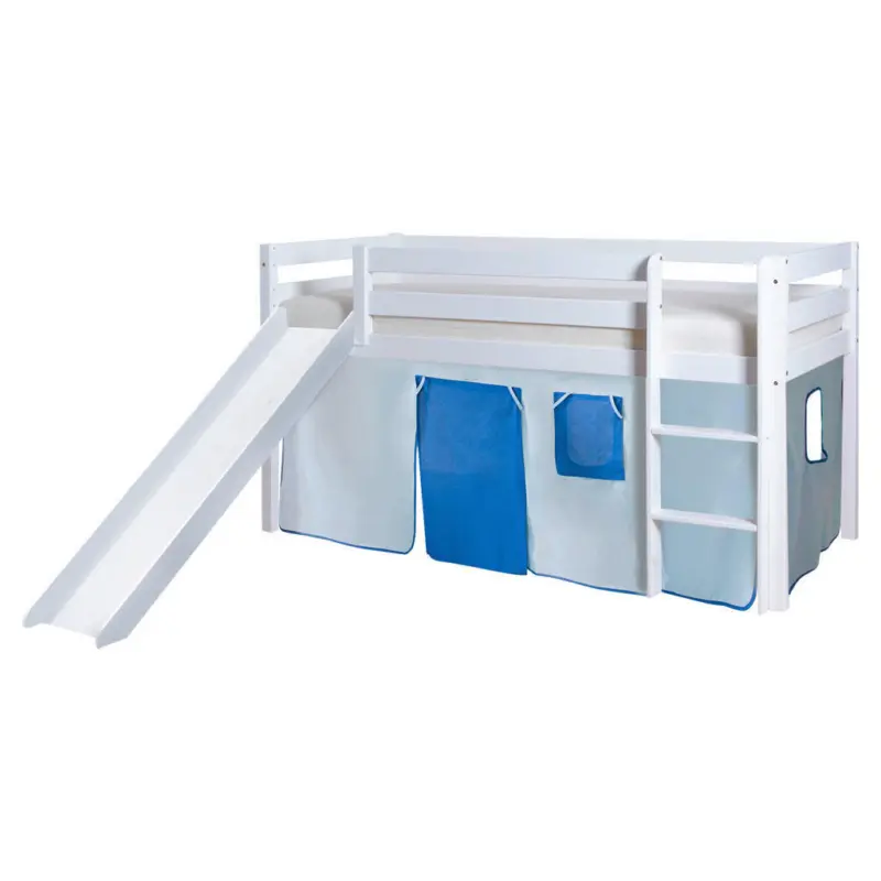 Spielbett Absturzsicherung, Leiter, Rutsche, Vorhang 90/200 cm in Wei&szlig;, Hellblau, Dunkelblau