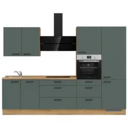 K&uuml;chenblock 300 cm in Eichefarben, Dunkelgr&uuml;n