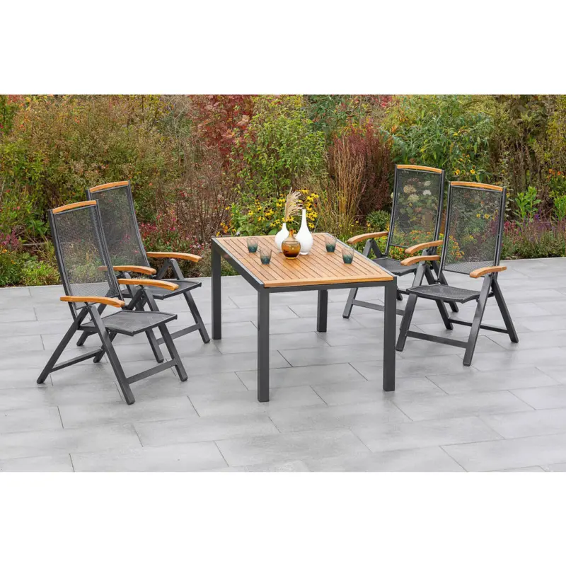 Gartenklappsessel in Holz, Metall Schwarz, Akaziefarben