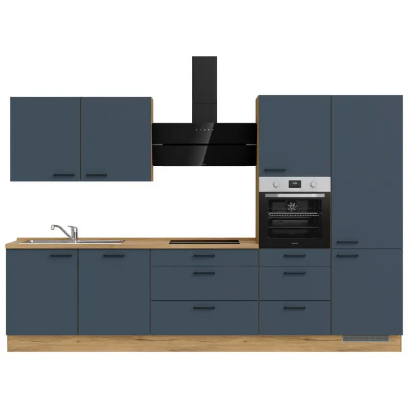 K&uuml;chenleerblock 330 cm in Blau, Eichefarben