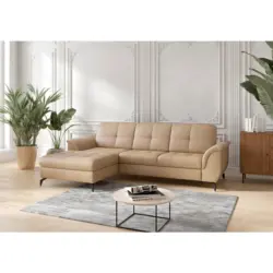 Ecksofa Zora E in Vliesstoff Kombination Echtleder/Stoff Cappuccino 164/262 cm