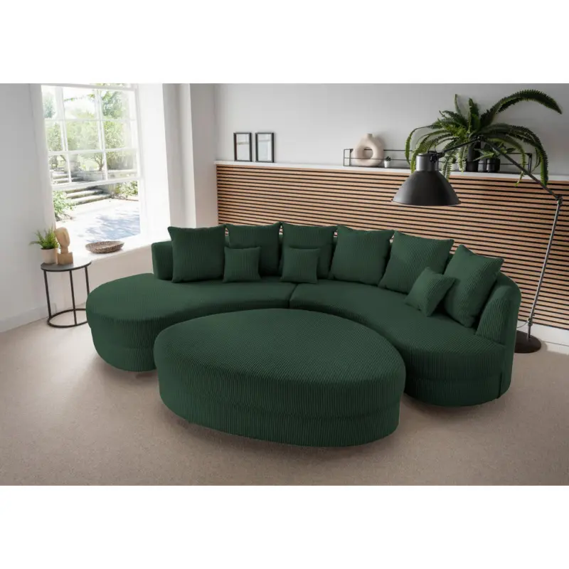 Wohnlandschaft inkl. HockerOttomane links, organische Form in Cord Dunkelgr&uuml;n