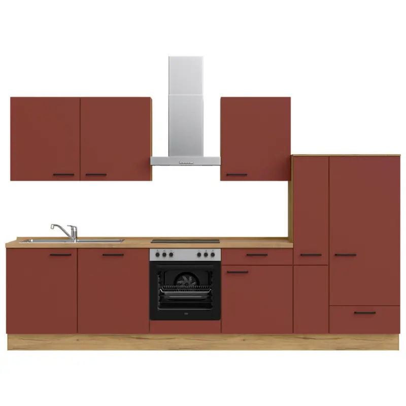 K&uuml;chenblock 330 cm in Eichefarben, Dunkelrot