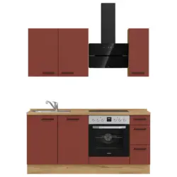 K&uuml;chenblock 180 cm in Eichefarben, Dunkelrot