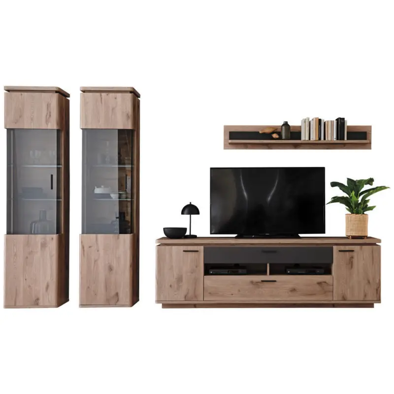 Wohnwand in Anthrazit, Eiche dunkel 330/208/50 cm