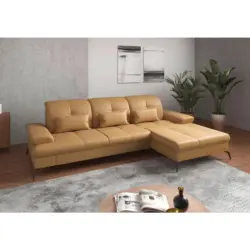 Ecksofa in Vliesstoff Kombination Echtleder/Stoff Currygelb 279/185 cm