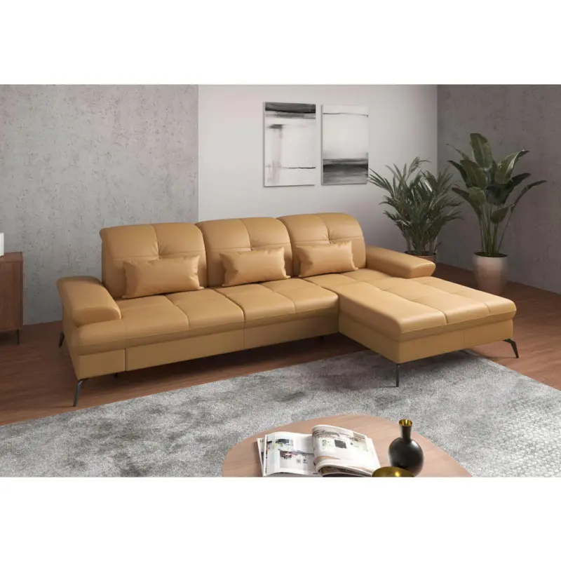 Ecksofa in Vliesstoff Kombination Echtleder/Stoff Currygelb 279/185 cm