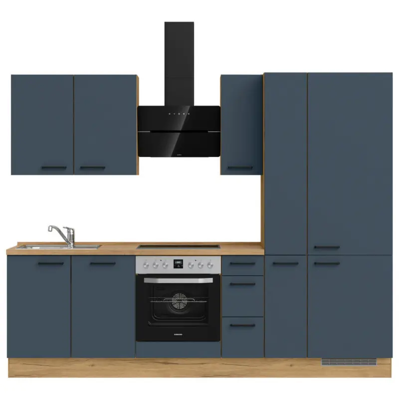 K&uuml;chenleerblock 270 cm in Blau, Eichefarben