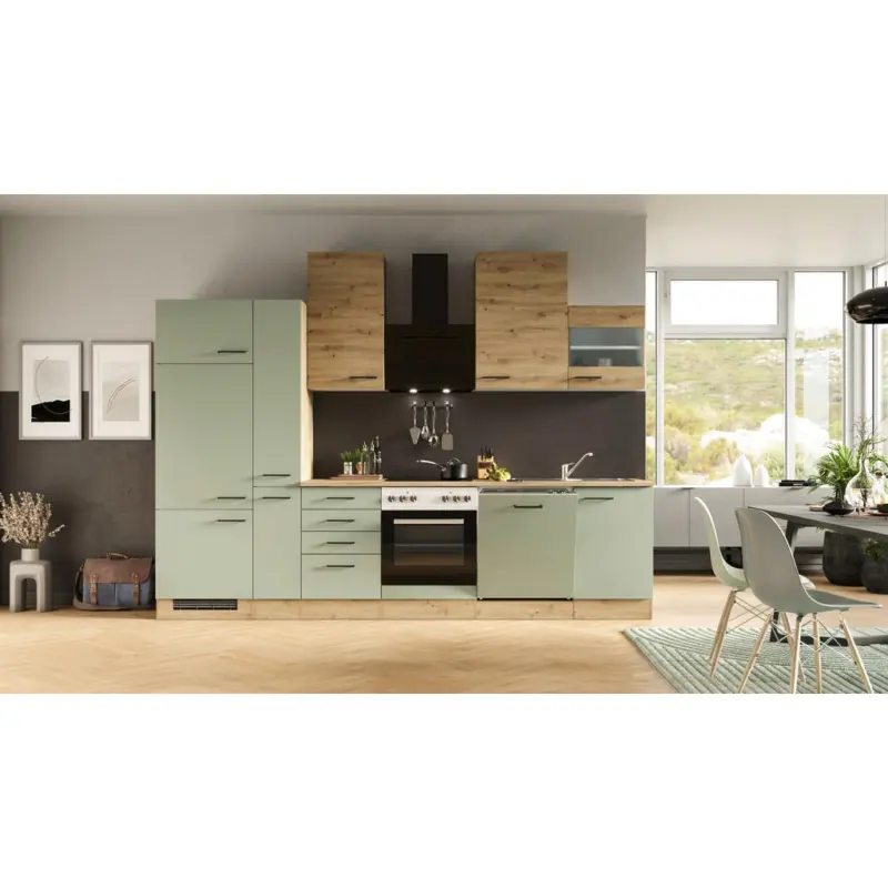 K&uuml;chenblock 310 cm in Gr&uuml;n, Eiche Artisan