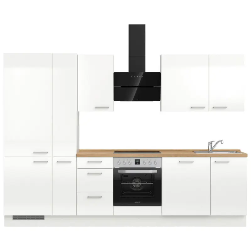 K&uuml;chenleerblock 300 cm in Eichefarben, Wei&szlig; Hochglanz