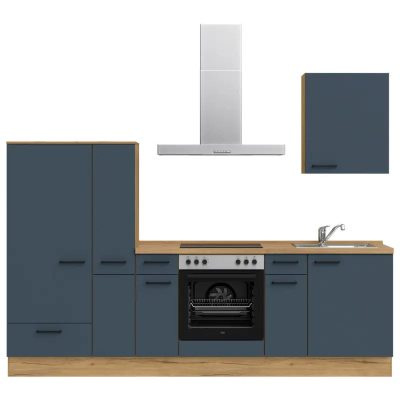 K&uuml;chenblock 270 cm in Eichefarben, Dunkelblau