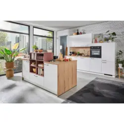 K&uuml;chenleerblock 300 cm in Rot, Wei&szlig;, Eichefarben