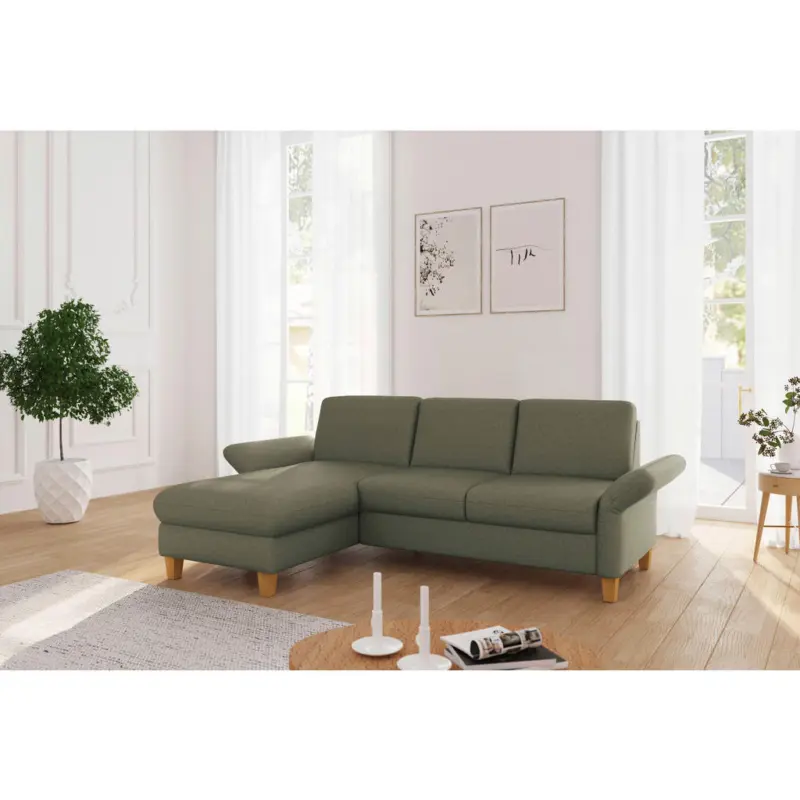 Ecksofa Rochelle E in Flachgewebe Olivgr&uuml;n 164/251 cm