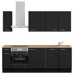 K&uuml;chenleerblock 240 cm in Schwarz, Eichefarben