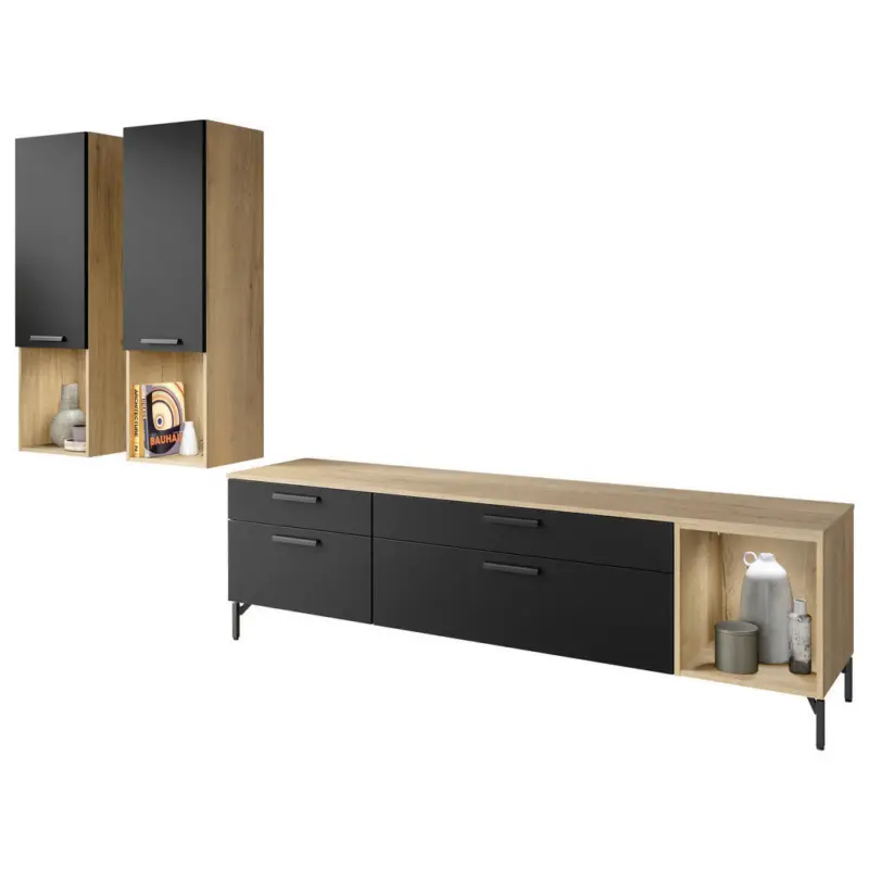 Wohnwand in Schwarz, Eichefarben 300/190/48,5 cm