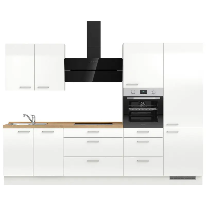 K&uuml;chenleerblock 300 cm in Eichefarben, Wei&szlig; Hochglanz