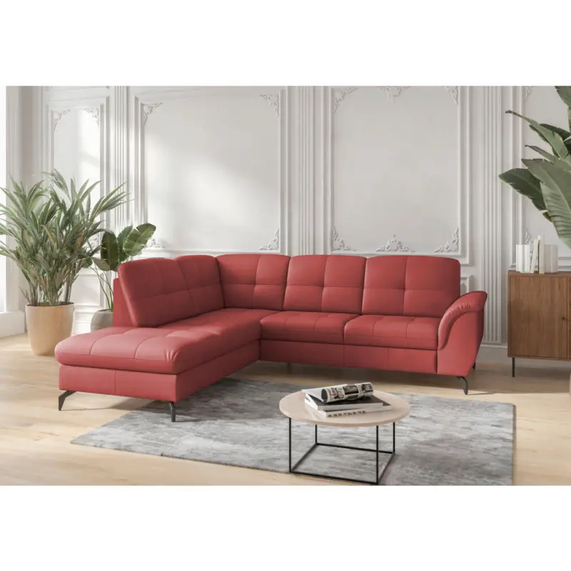 Ecksofa Zora E in Vliesstoff Kombination Echtleder/Stoff Rot 212/244 cm