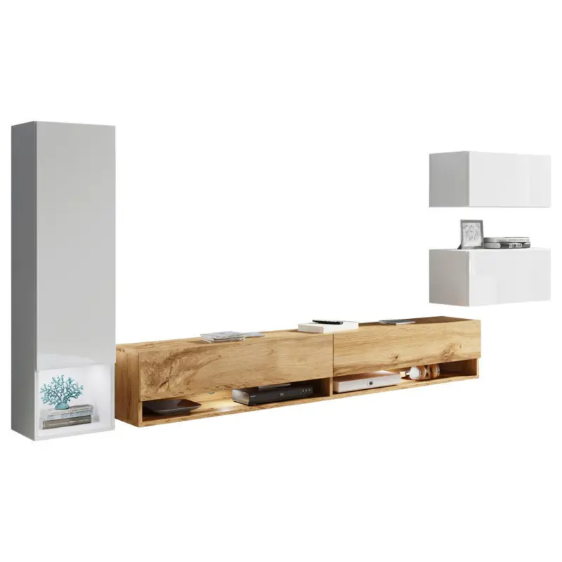 Wohnwand 4-teilig in Eiche Wotan, Wei&szlig; Hochglanz 270/130/32,5 cm