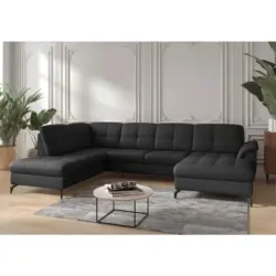 Wohnlandschaft Zora E in Vliesstoff Kombination Echtleder/Stoff Schwarz