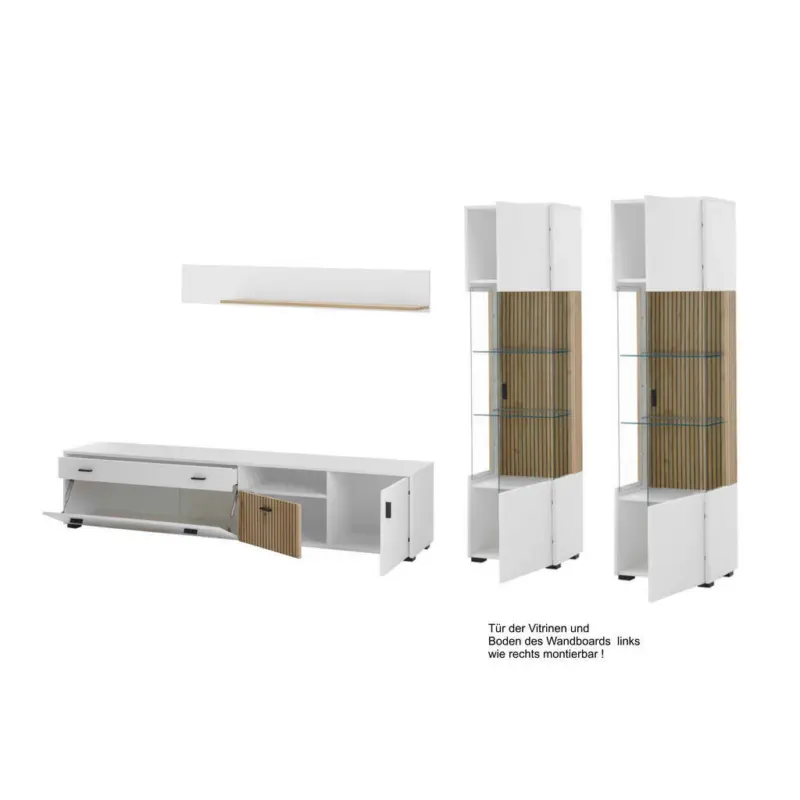 Wohnwand 4-teilig in Wei&szlig;, Eichefarben 316/180/42 cm