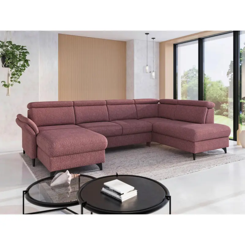 Wohnlandschaft Glendale E in Chenille Aubergine