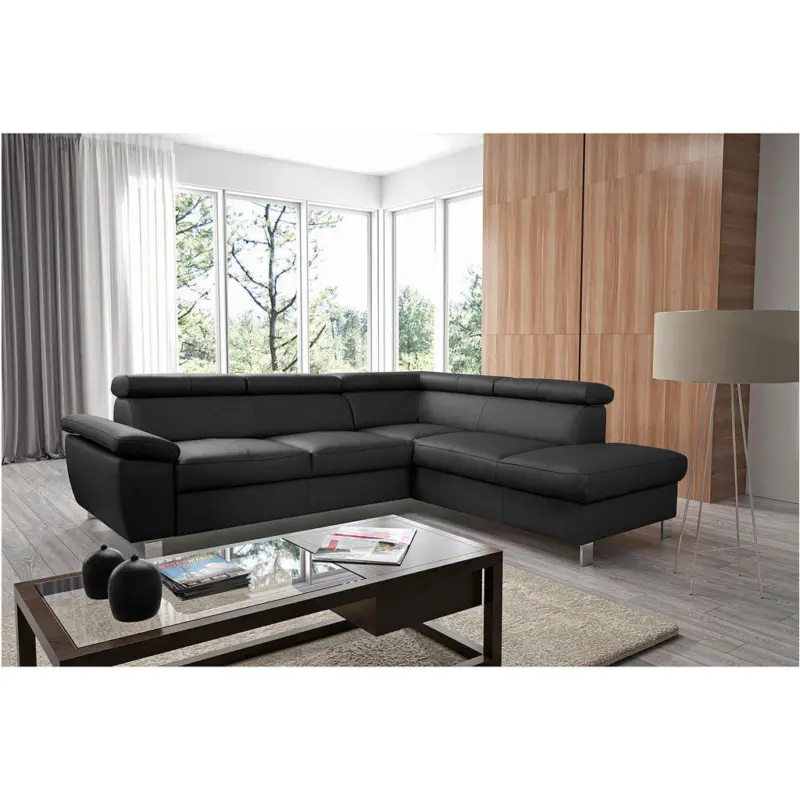 Ecksofa in Lederlook Echtleder Schwarz 248/208 cm