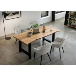 Tischgruppe in Holz, Metall, Textil Creme, Naturfarben