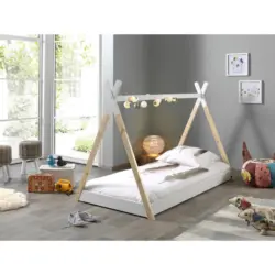 Montessori-Bett Lattenrost 90/200 cm in Wei&szlig;, Kieferfarben