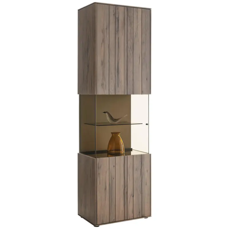 Vitrine in massiv Altholz, Buche Buchefarben, Sandfarben