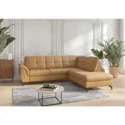 Ecksofa Zora E in Vliesstoff Kombination Echtleder/Stoff Currygelb 244/212 cm