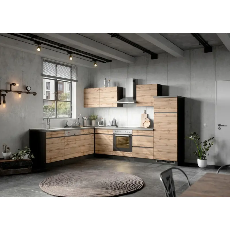 Eckk&uuml;che 240/300 cm in Graphitfarben, Eiche Wotan