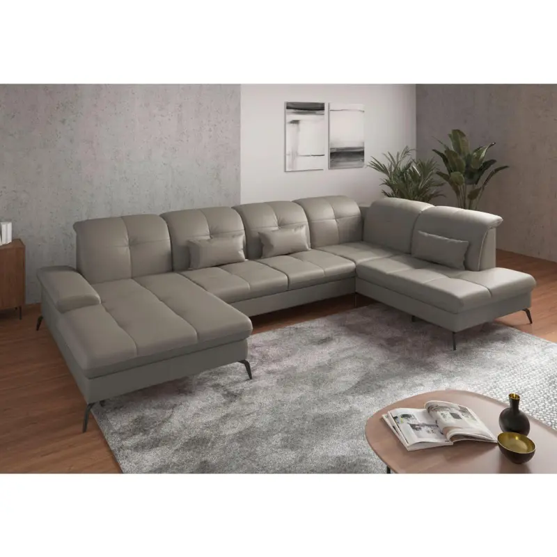 Wohnlandschaft in Vliesstoff Kombination Echtleder/Stoff Grau