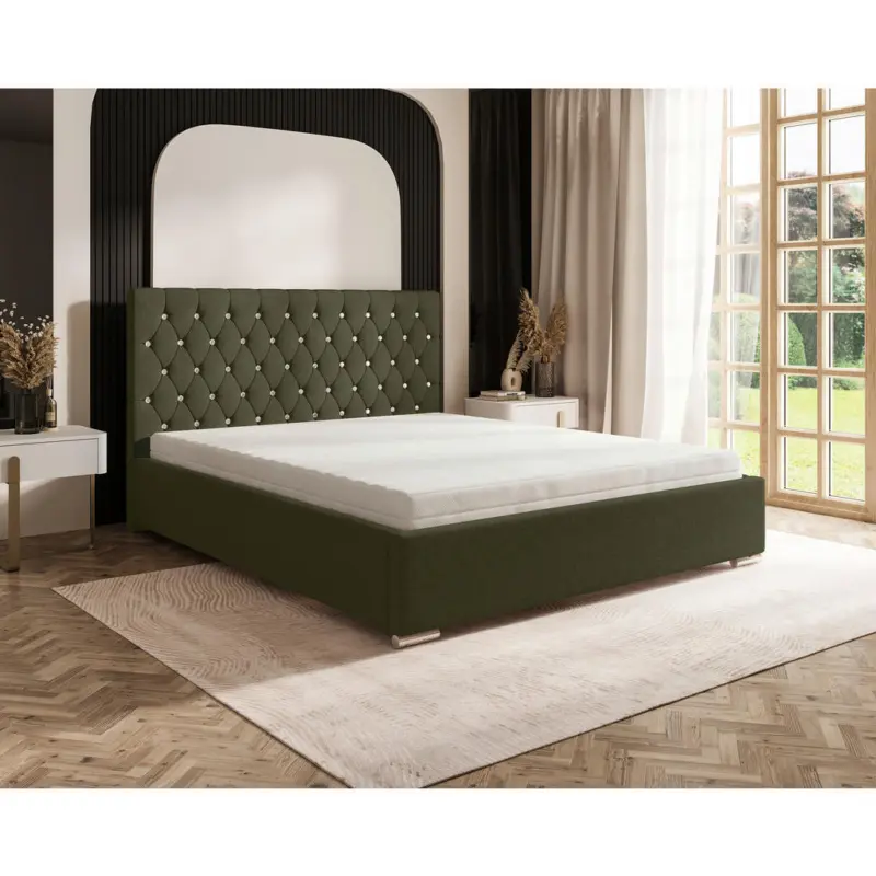 Polsterbett gepolstertes Kopfteil, Lattenrost, Bettkasten Waldgr&uuml;n 200/200 cm