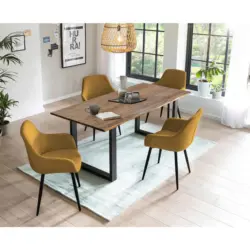 Tischgruppe in Holz, Metall, Textil Gelb, Walnussfarben