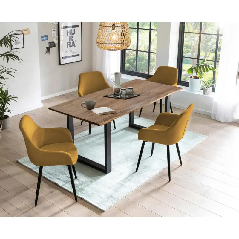 Tischgruppe in Holz, Metall, Textil Gelb, Walnussfarben