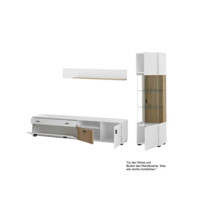 Wohnwand 3-teilig in Wei&szlig;, Eichefarben 258/180/42 cm
