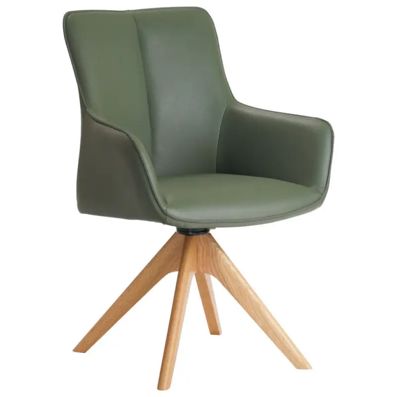 Armlehnstuhl in Holz, Metall, Leder Gr&uuml;n