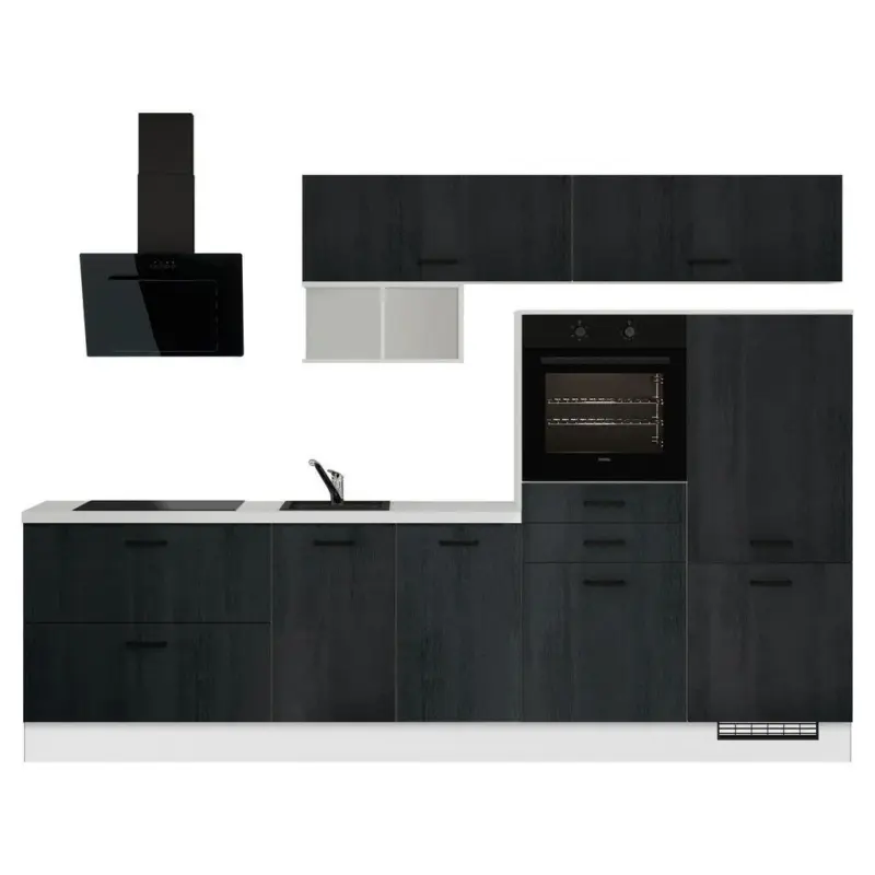 K&uuml;chenleerblock 300 cm in Schwarz, Eiche dunkel