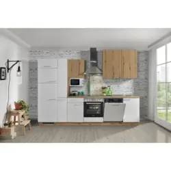 K&uuml;chenblock 310 cm in Wei&szlig;, Eichefarben