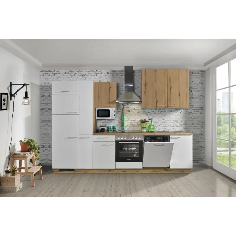 K&uuml;chenblock 310 cm in Wei&szlig;, Eichefarben