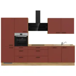 K&uuml;chenblock 330 cm in Eichefarben, Dunkelrot