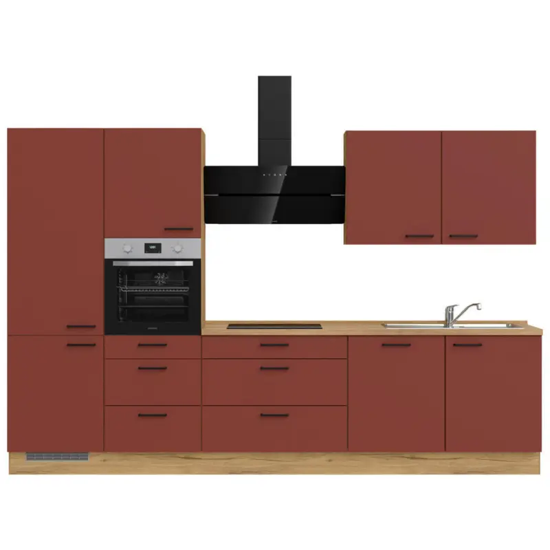 K&uuml;chenblock 330 cm in Eichefarben, Dunkelrot