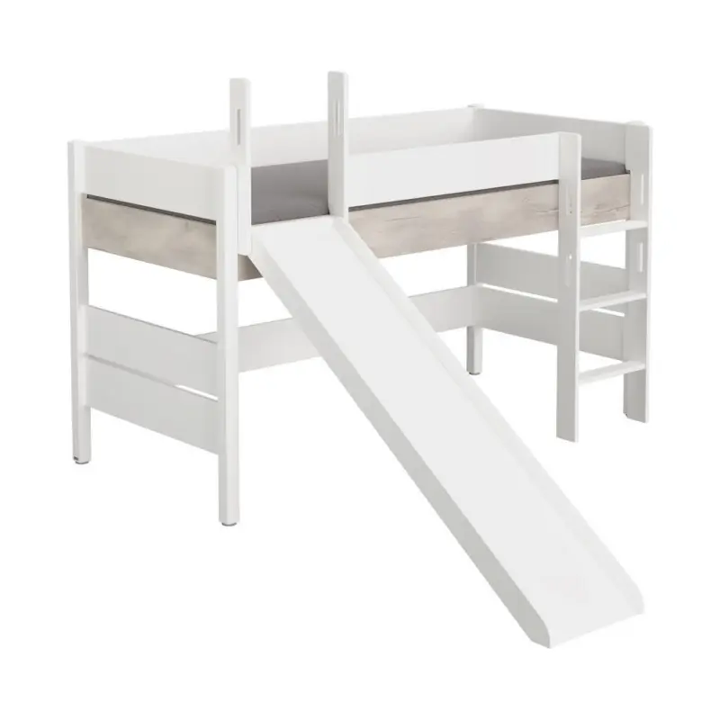 Spielbett Leiter, Rutsche 90/200 cm in Wei&szlig;, Silbereichenfarben