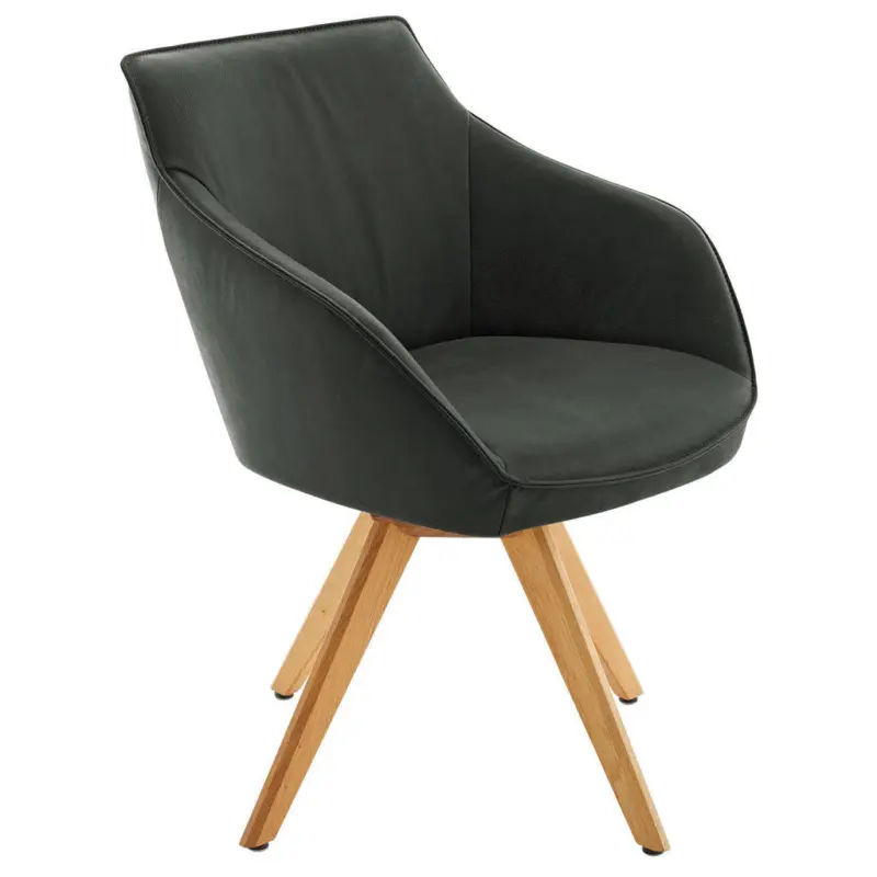 Armlehnstuhl in Holz, Leder Eichefarben, Dunkelgr&uuml;n